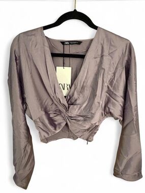Zara Light Purple Twist-Front Satin Crop Top